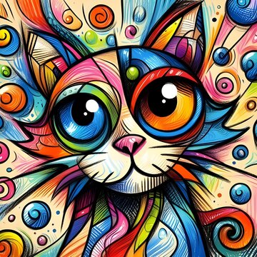 Abstract cat portrait painting whimsical style, multicolor vibrant hues, representing fantasy art and creativity