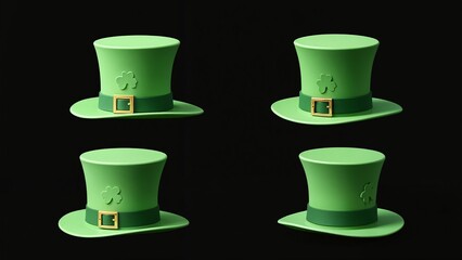 A set of four green hats with a gold buckle on them.