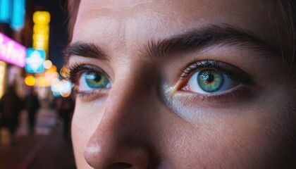 Hypnotic gaze: Close-up of mesmerizing green eyes reflecting city lights