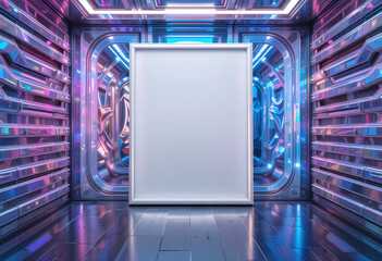 Obraz premium A dynamic retro-modern space with layered holographic ribbon walls, showcasing a framed poster mockup in a polished white frame outlined with matte black.