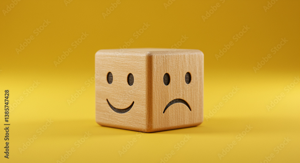 Poster wooden cube with happy and sad emotions on yellow background. cube with positive and negative feelin