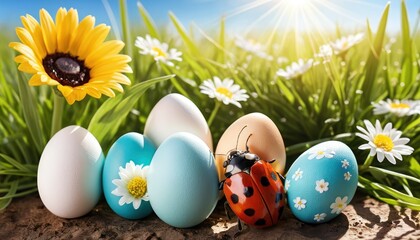 Pastel tinted easter eggs and ladybug in sunny spring flower meadow scene