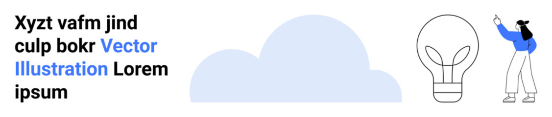 Woman gesturing towards a lightbulb next to a cloud element, representing ideas, creativity, and innovation. Ideal for brainstorming, teamwork, creativity, startup concepts, education technology