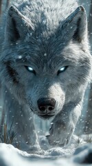 Majestic White Wolf Stalking in Snowy Mountain Wilderness - Captivating Wildlife Photography