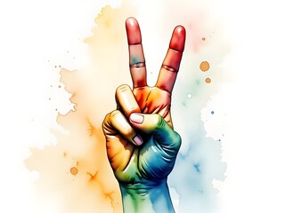Close-up illustration of a hand with two-fingers raised in a V for victory sign coloured in the queer Pride flag rainbow colours, alcohol ink splash 