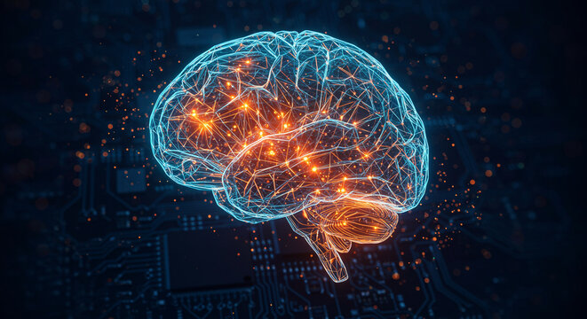 Brain digital neural network connection artificial intelligence concept. Digital brain with neural connections on a dark background