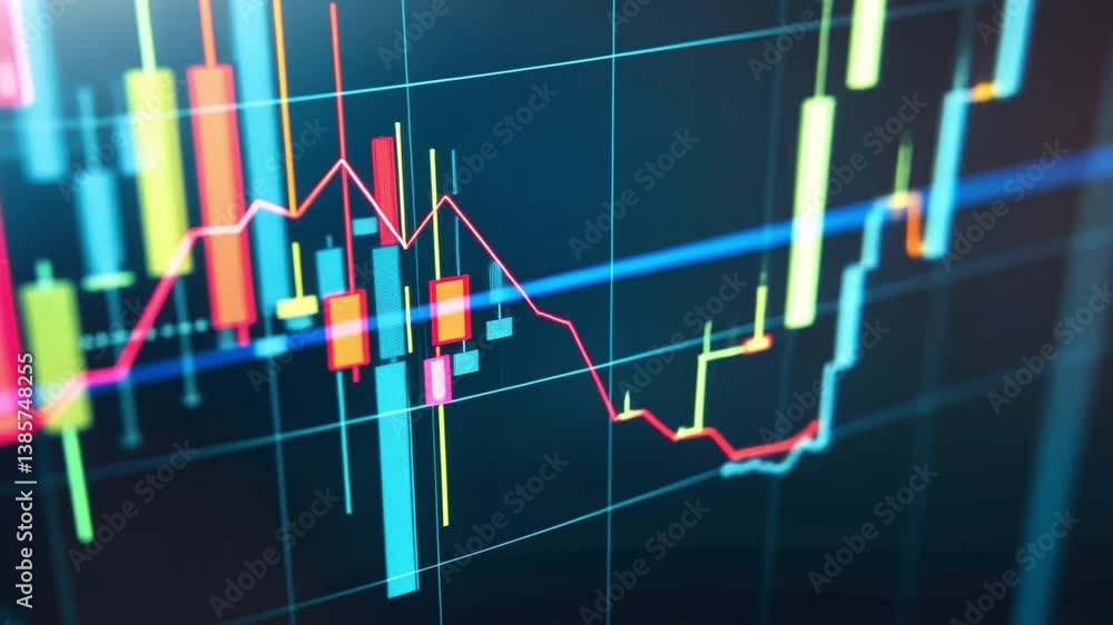 Poster dynamic financial chart analysis exploring candlestick patterns, market trends, and fluctuations in 