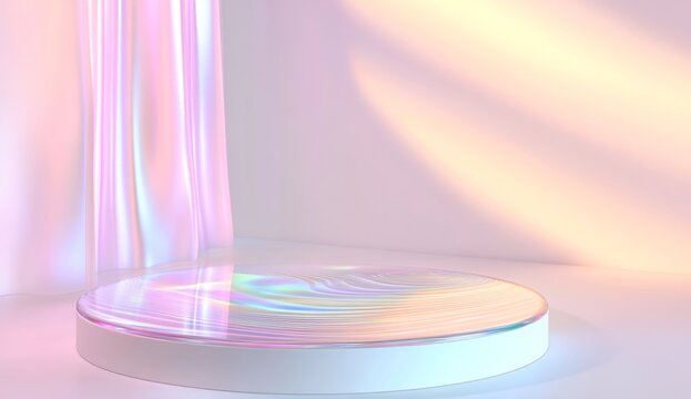 Pastel iridescent podium with flowing fabric, sunlit display