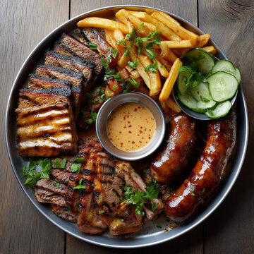 Rustikale Grillplatte mit saftigen Fleischst&uuml;cken, knusprigen Pommes frites, gegrillten W&uuml;rstchen und frischem Gem&uuml;se auf einem silbernen Teller mit Dip-Sauce.