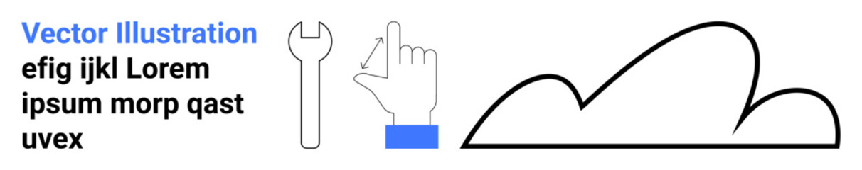 Hand pointing upward next to a wrench and a cloud shape. Ideal for technology, repair, tools, weather, simplicity, innovation, minimal design, simple landing page