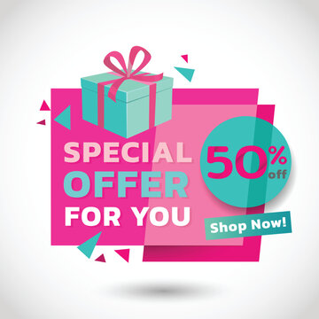 Special Offer Banner illustrate with gift, flag and text &ldquo;50% off&rdquo; in bright color style for multimedia advertisement.