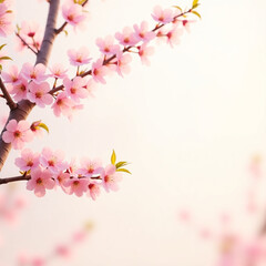  Pink cherry blossom branches with delicate blooming flowers forming a natural frame on soft background