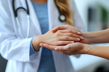 A doctor's gentle touch offering comfort and care to a patient. The scene evokes trust and empathy, crucial in healthcare settings