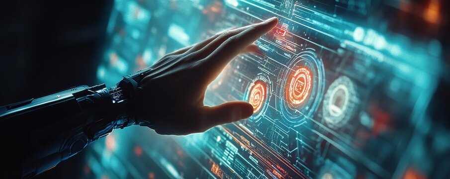 a hand interacting with a futuristic digital interface. The scene showcases a high-tech, interactive display with complex circuitry and glowing elements