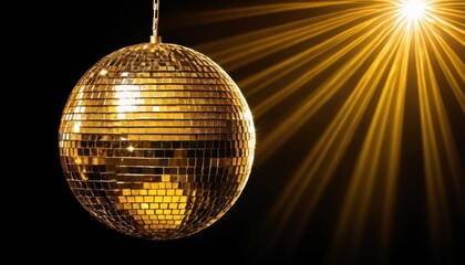Sparkling golden disco ball shining brightly with radiant light beams around it