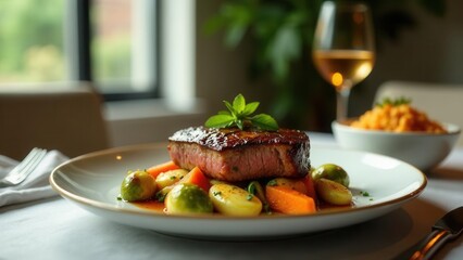 Delicious Seared Steak Dinner with Roasted Vegetables and a Side of Creamy Grain