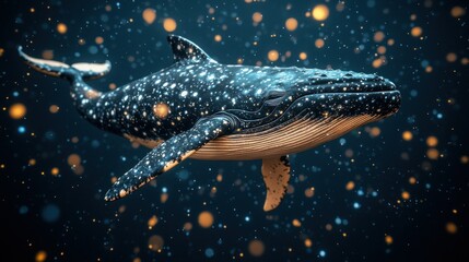 Whale swimming amidst stardust, a celestial journey in a dark expanse