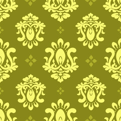 seamless damask pattern, yellow ornament and green background, vector illustration elegant for textile design, wall paper, bedding, curtains, cushion, scarf, rug, upholstery fabric, vintage, luxury 