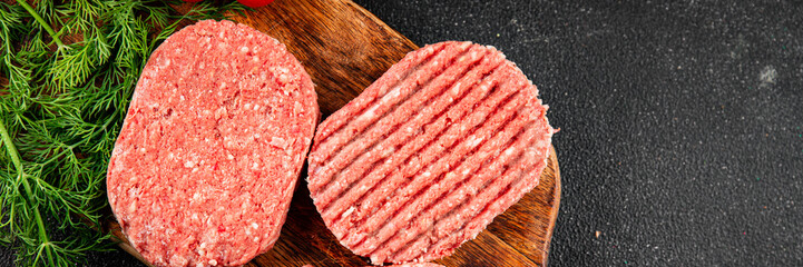 Raw meat cutlet pork beef meat dish organic product fresh tasty gourmet food background on the table rustic food top view copy space keto and paleo diet