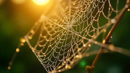 Enchanting sunrise illuminates dew laden spiderwebs creating a captivating display of nature's artistry with delicate strands and glistening droplets