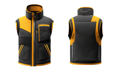 Black and yellow color scheme, vector illustration of an outdoor vest with a front zipper pocket on the chest, solid background, white background