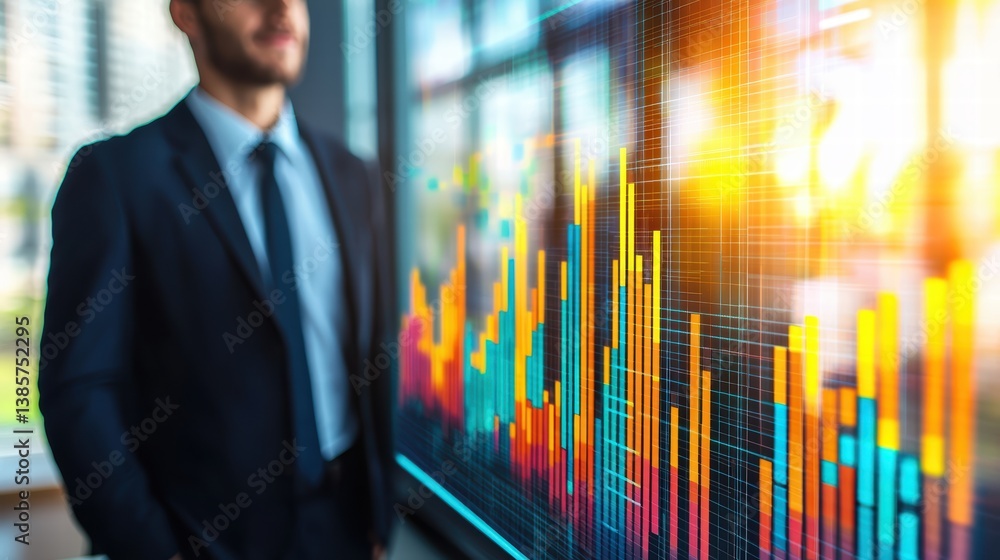Poster businessman suit stands confidently beside vibrant data visualization display, showcasing colorful g