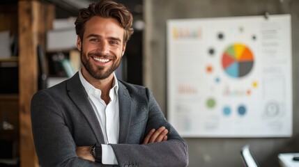 confident businessman in suit stands with arms crossed, smiling warmly in modern office setting. Behind him, colorful data visualization chart adds professional touch to environment