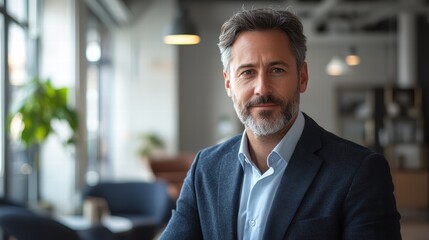 Fototapeta premium confident businessman in suit is showcasing his professional demeanor in modern office setting, with natural light illuminating space. His expression reflects determination and focus