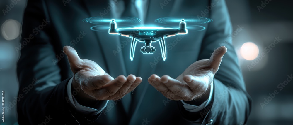 Poster businessman in suit is showcasing drone, symbolizing innovation and technology. drone appears to hov