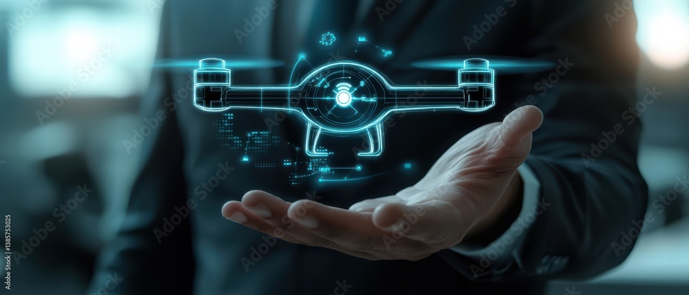 Poster businessman in suit is showcasing drone icon, symbolizing innovation and technology in modern worksp