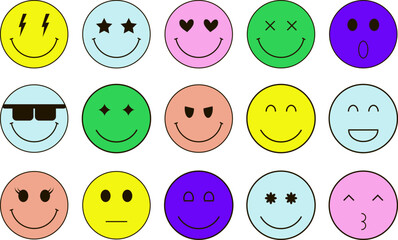 Colorful y2k groovy smiley faces with stars, hearts, lightning, glasses	
