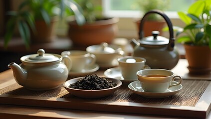 Obraz premium A tranquil tea setting with a teapot, cups, and loose-leaf tea. A serene and inviting scene, perfect for enjoying a peaceful moment with a hot cup of tea
