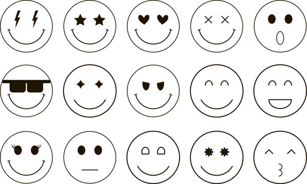 Naklejki Flat outline y2k groovy line trendy smiley faces with stars, hearts, lightning  