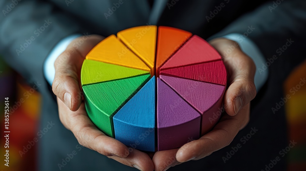 Poster businessman in suit holds colorful pie chart, symbolizing data analysis and performance metrics. vib