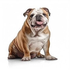 Obraz premium English bulldog sitting against pristine white backdrop, showcasing wrinkled face, sturdy build, alert posture with engaging expression and characteristic charm