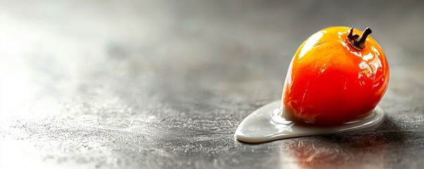 A vibrant orange fruit on a sleek metal surface, reflecting light.