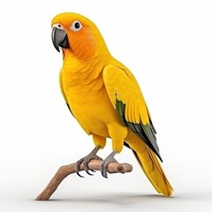 Fototapeta premium Golden conure parrot with vibrant yellow plumage, blue green wing feathers, and a dark beak, standing on a clean white background, creating a striking contrast