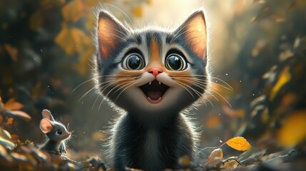 Happy kitten with a Mouse: A playful kitten with wide, happy eyes and a joyful expression. Its sitting with mouse at autumnal setting, its pure joy captured in a heartwarming embrace.