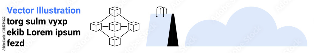 Poster blockchain network diagram connected to cloud storage and a dark triangular shape. ideal for technol