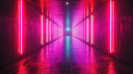 Naklejka premium Neon Corridor: A visually striking corridor pulsates with the vibrant energy of neon lights, casting an inviting glow down its long expanse, leading the eye towards an enigmatic point in the distance.