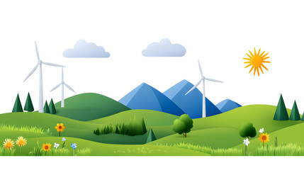 Fototapeta premium Green hills with wind turbines under blue sky symbolizing nature energy illustration