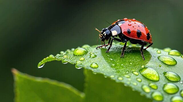 Close-up of a vibrant ladybug on a green leaf adorned with water droplets in a natural setting