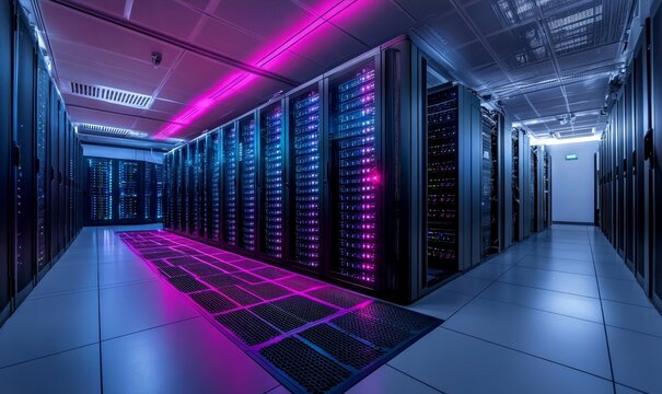 Inside a state-of-the-art data center, rows of servers are illuminated by vibrant neon lights, creating a high-tech ambiance.