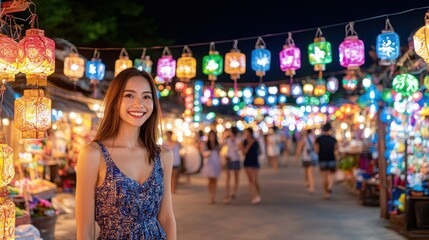 Obraz premium Woman smiling at outdoor night market with colorful hanging lanterns