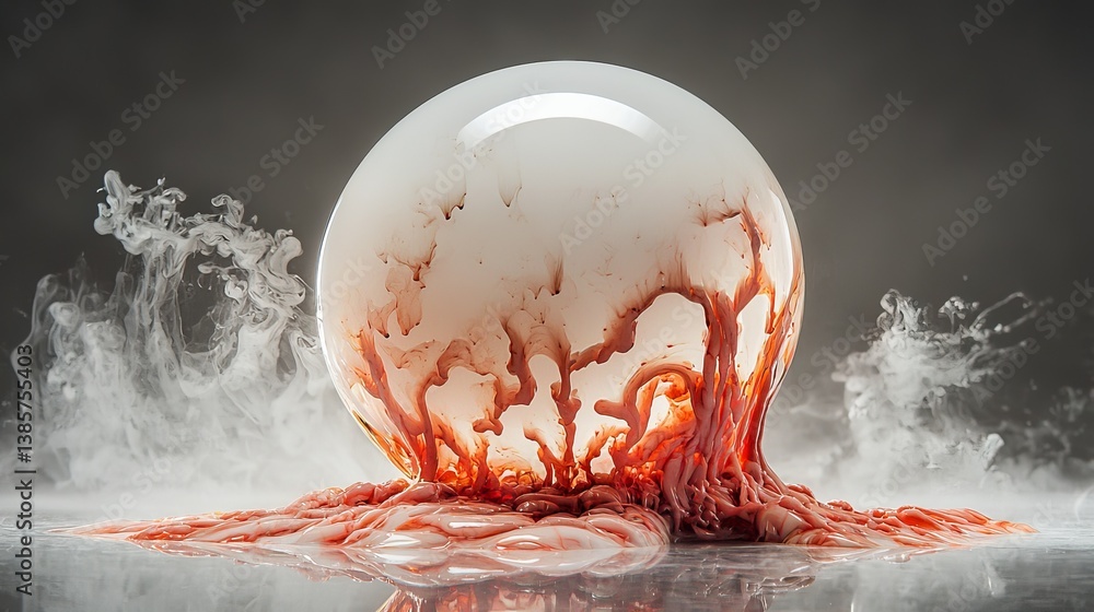 Poster abstract design featuring a sphere with liquid flowing and mist.