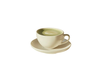 Obraz premium Frothy matcha latte in white ceramic cup and saucer, isolated, no background