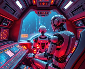 Fototapeta premium Robotic figure at a futuristic spaceship cockpit with neon-lit controls Generative AI