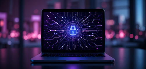 Abstract minimalist cyber protection lines in network style with glowing points in dark purple gradient background, with digital lock on the middle, on a transparent blurred glass board, inter connect