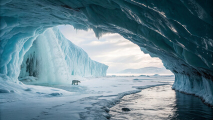 Photorealistic Arctic Ice Cave with Shimmering Blue Walls and Frozen Waterfall in 4K