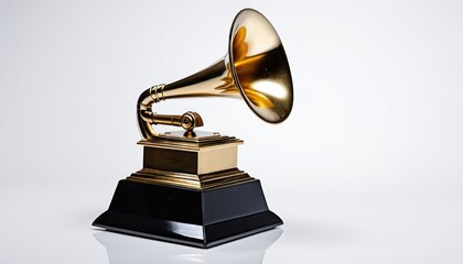Golden Gramophone Statue on White Background Symbolizing Musical Excellence